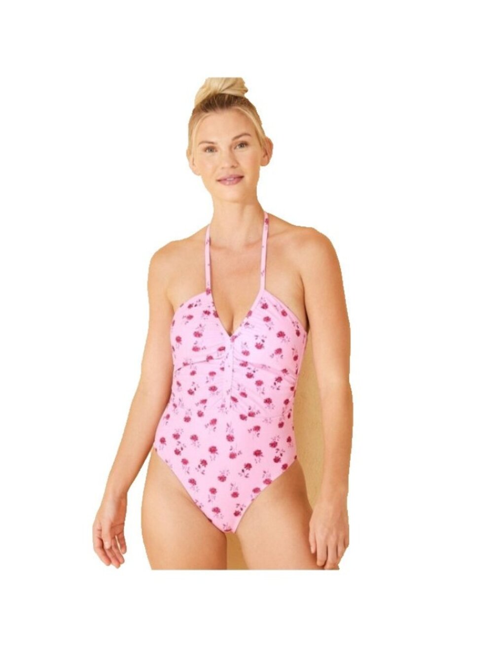 Women's Swimsuit Size M Shirred Plunge Neck Medium Coverage One Piece Pink Roses